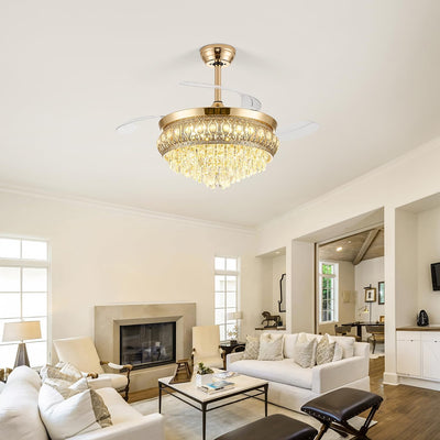 Ventilador techo 48pulg luz retráctil cristal control remoto dorado