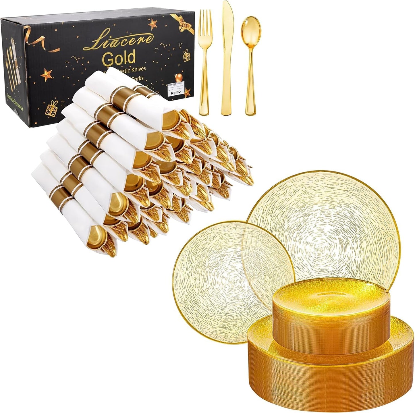Pack 100 Cubiertos Servilletas Dorados 60 Platos Plástico Amarillo