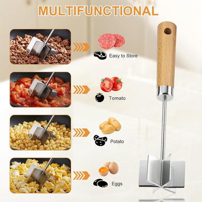 Picador de carne acero inoxidable 304 con 6 cuchillas curvas y mango de madera