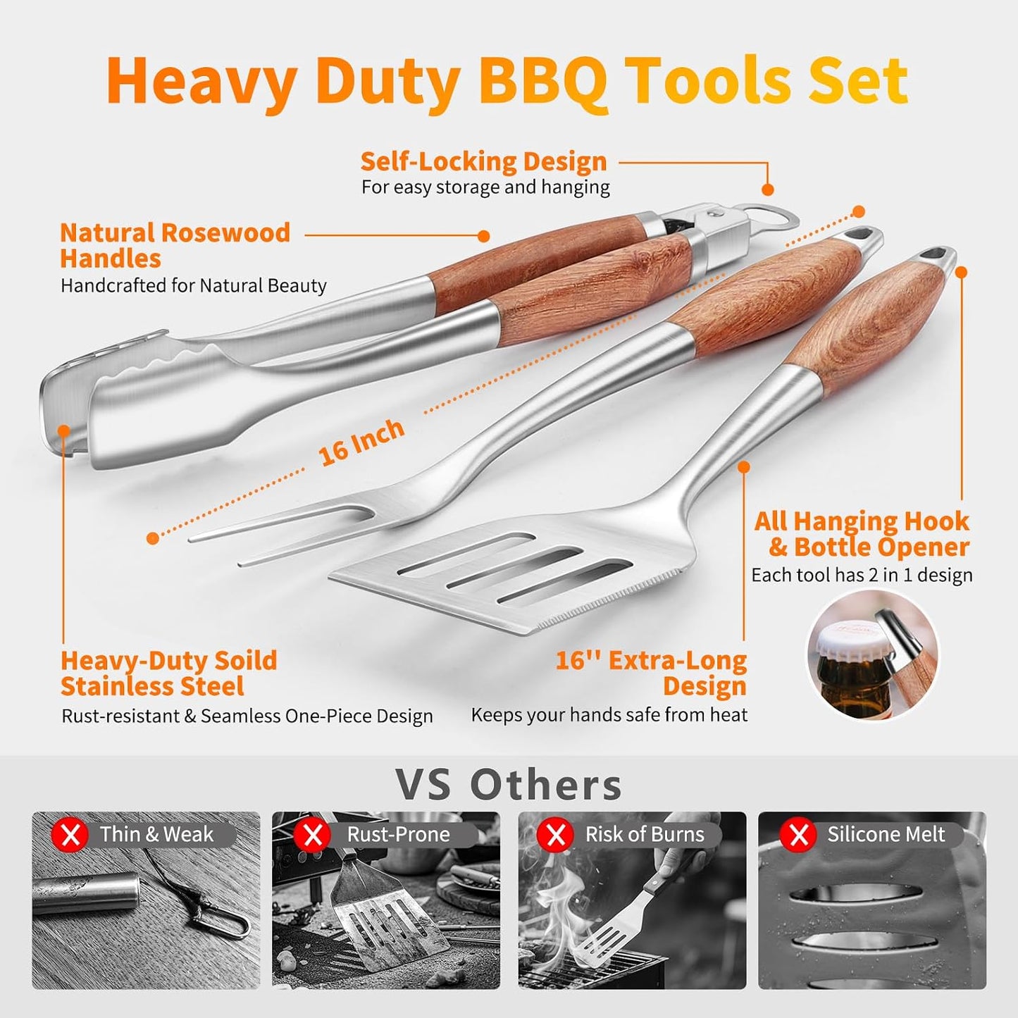 Juego accesorios parrilla 16pulg acero inox espátula tenedor