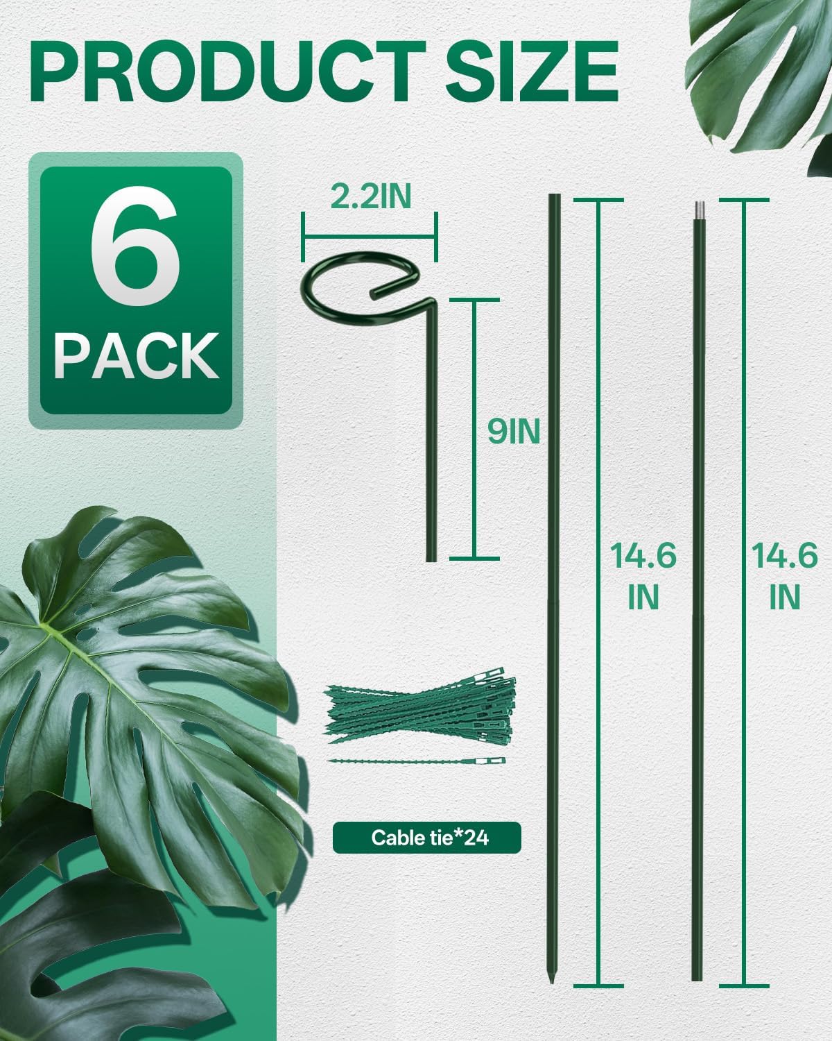 6 Estacas Soporte Plantas 35.4pulg con 15 Lazos Giratorios