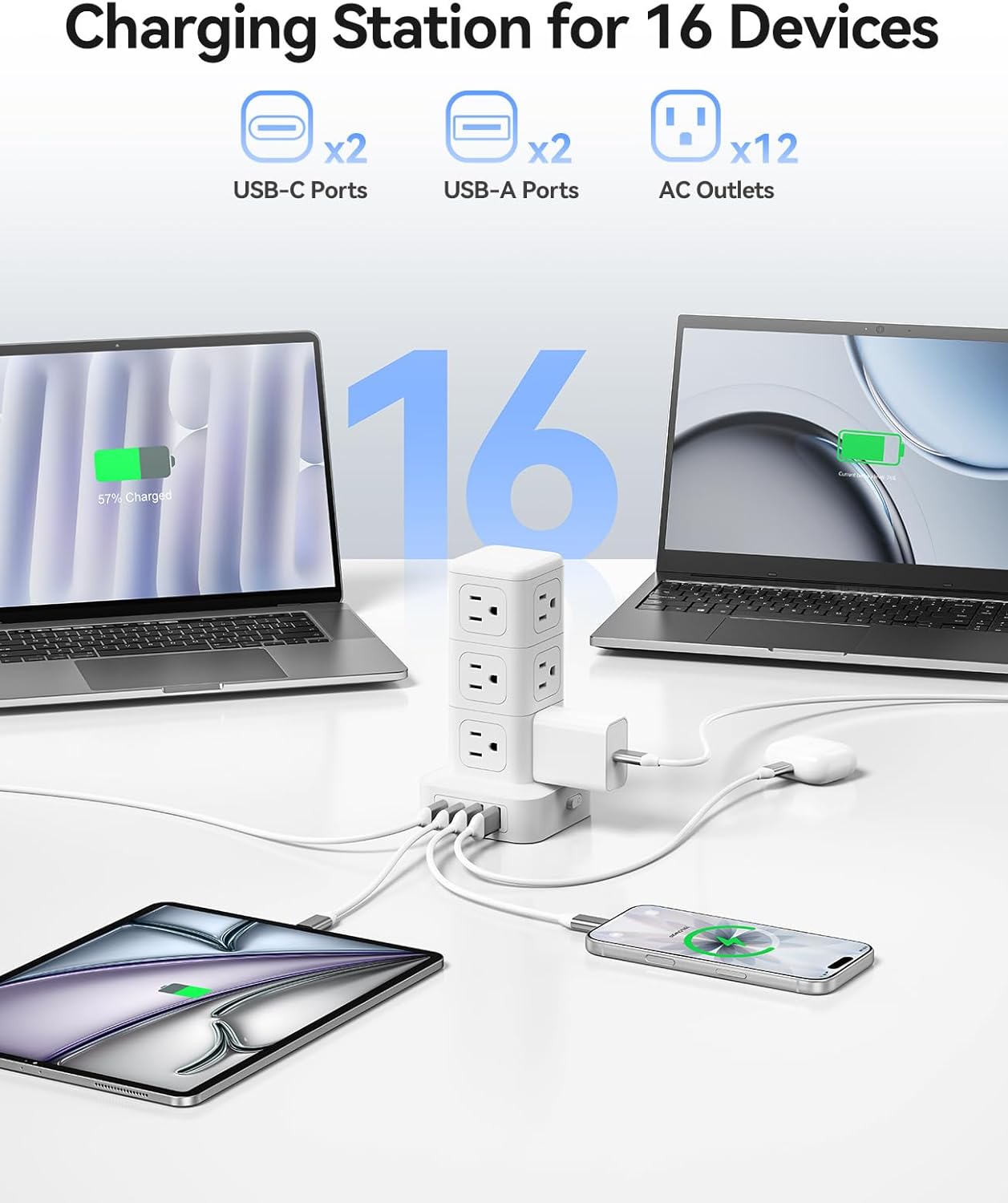 Regleta alimentación torre con sobretensiones 12 salidas CA 4 USB