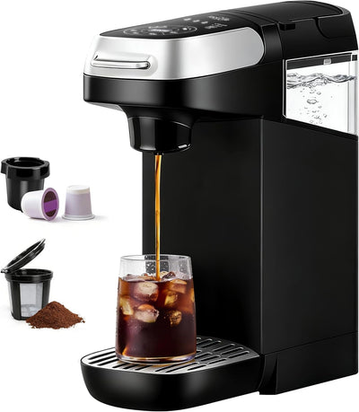 Cafetera de una sola porción con taza K y molidos, diseño compacto