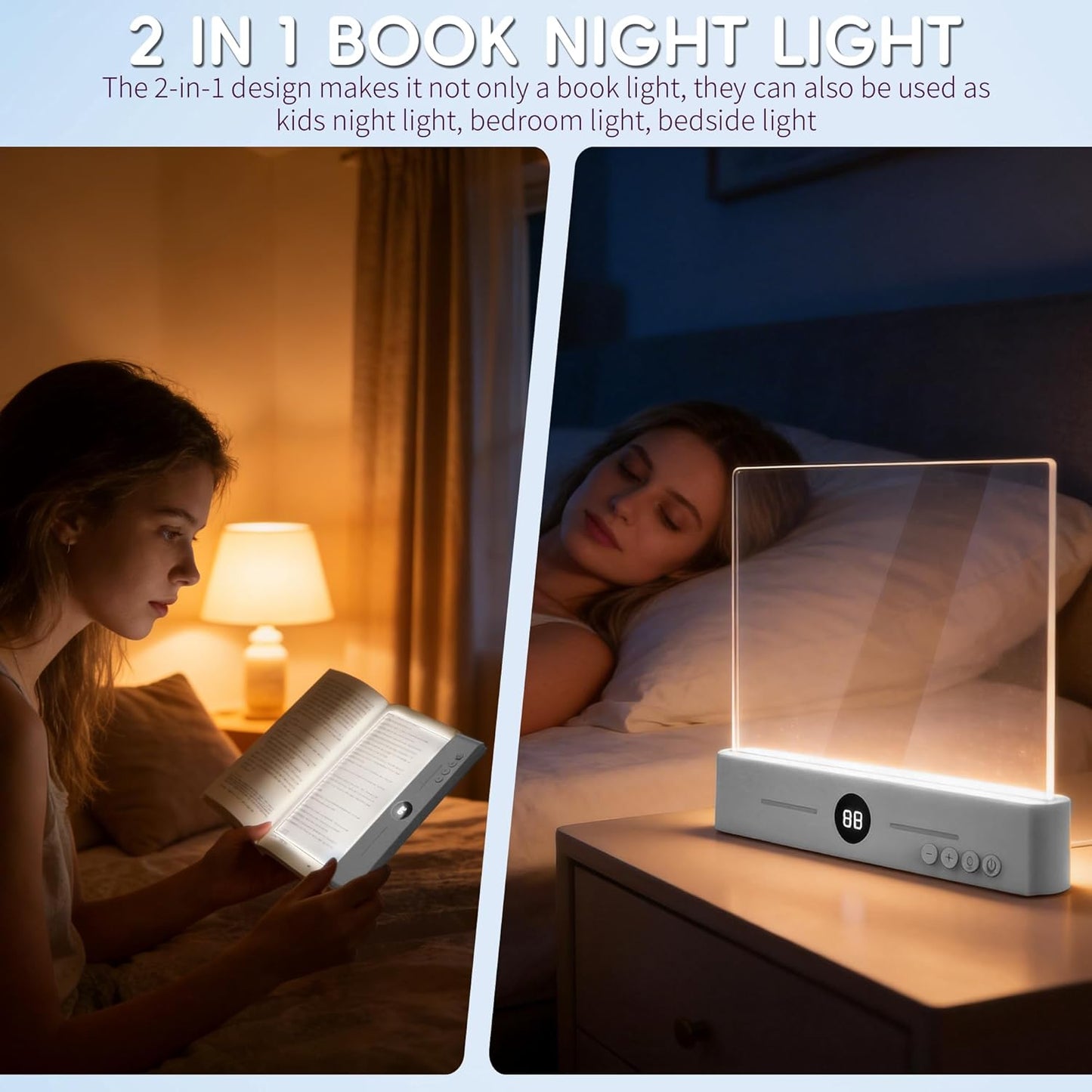 Luz LED 2en1 para libros nocturna recargable USB 3 colores