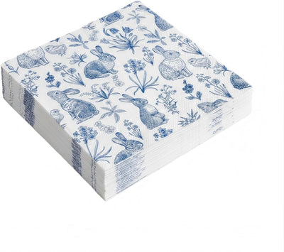 Servilletas de papel Pascua azul y blanco con diseño floral y conejo Chinoiserie