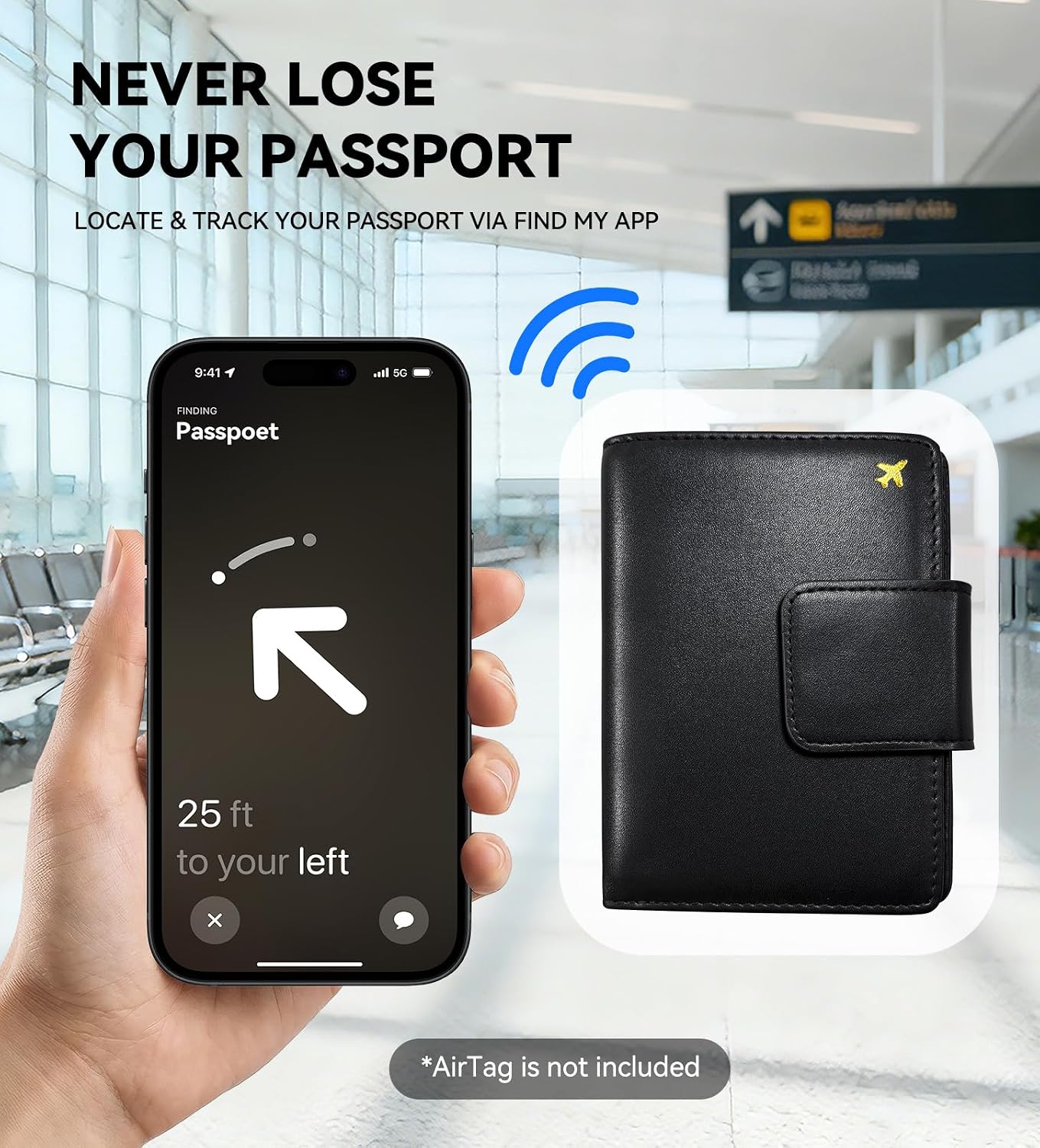 Soporte pasaporte con ranura Airtag billetera RFID negro