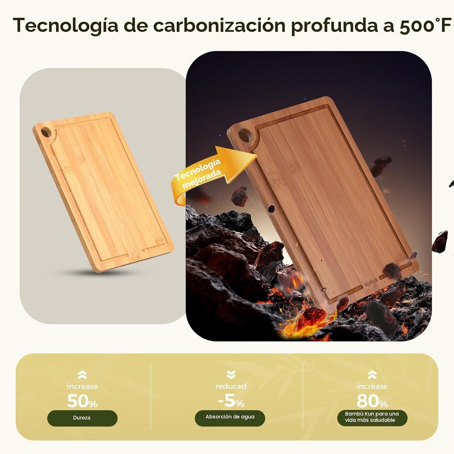 Tabla de cortar de bambú 3 piezas con ranuras para jugos y asas laterales