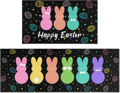 Juego de 2 alfombras de cocina con diseño de conejo de Pascua negro lavables antifatiga