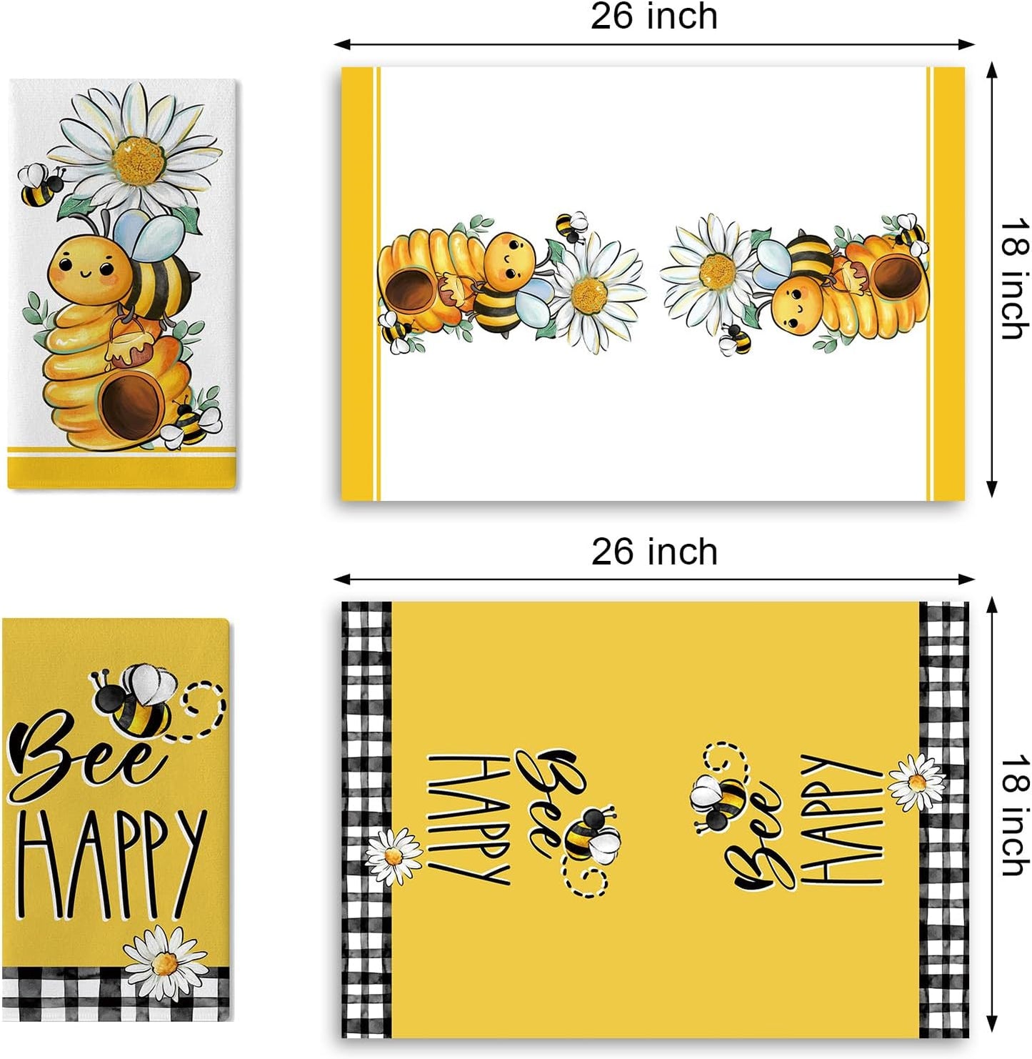 Juego de 2 paños de cocina con diseños de abejorros, abeja feliz, margarita y colmena