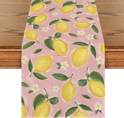 Camino de mesa floral de verano con flores de limón rosa decoración de comedor