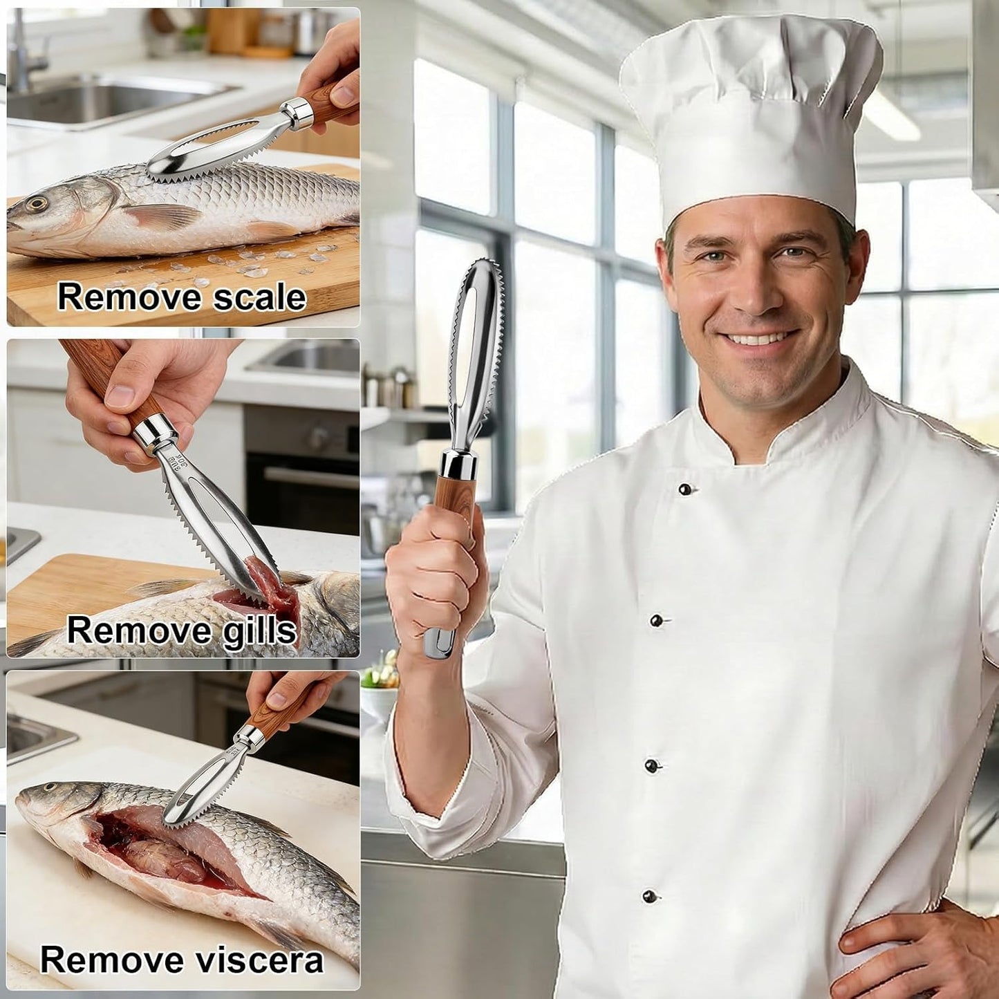 Herramienta de acero inoxidable para quitar escalador de pescado con mango de madera