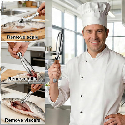Herramienta de acero inoxidable para quitar escalador de pescado con mango de madera