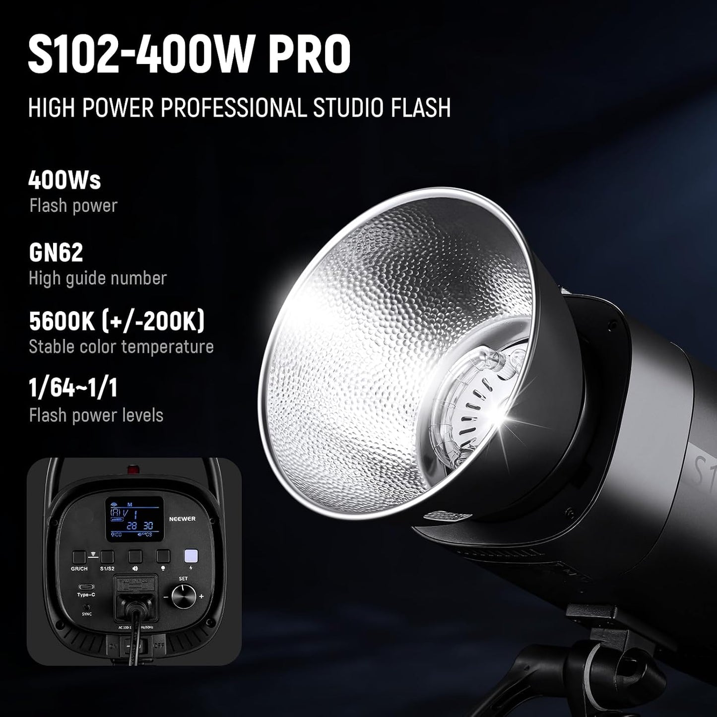 Luz estroboscópica S102-400W PRO 400Ws GN62 con LED y ventilador