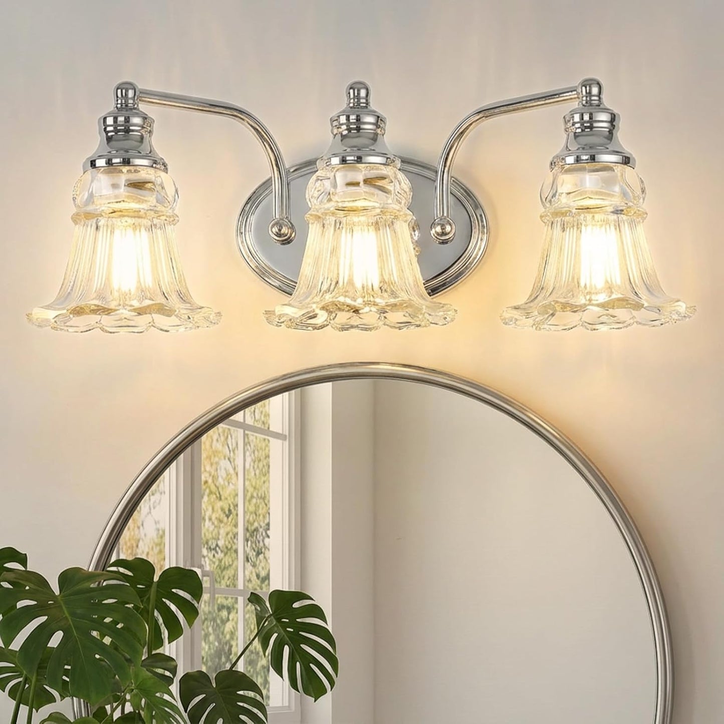 Lámpara baño 3 luces sobre espejo vintage vidrio floral cromada