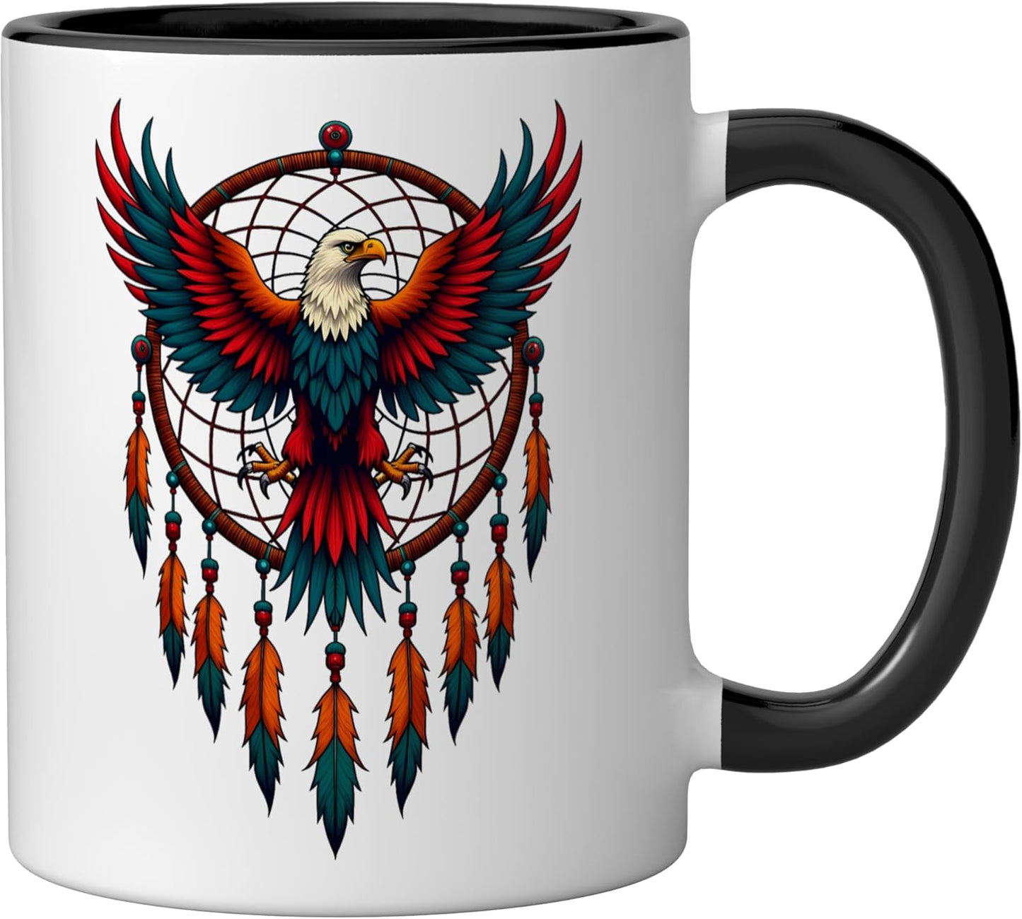 Taza cerámica Eagle Dreamcatcher con plumas nativas estilo americano negro/blanco