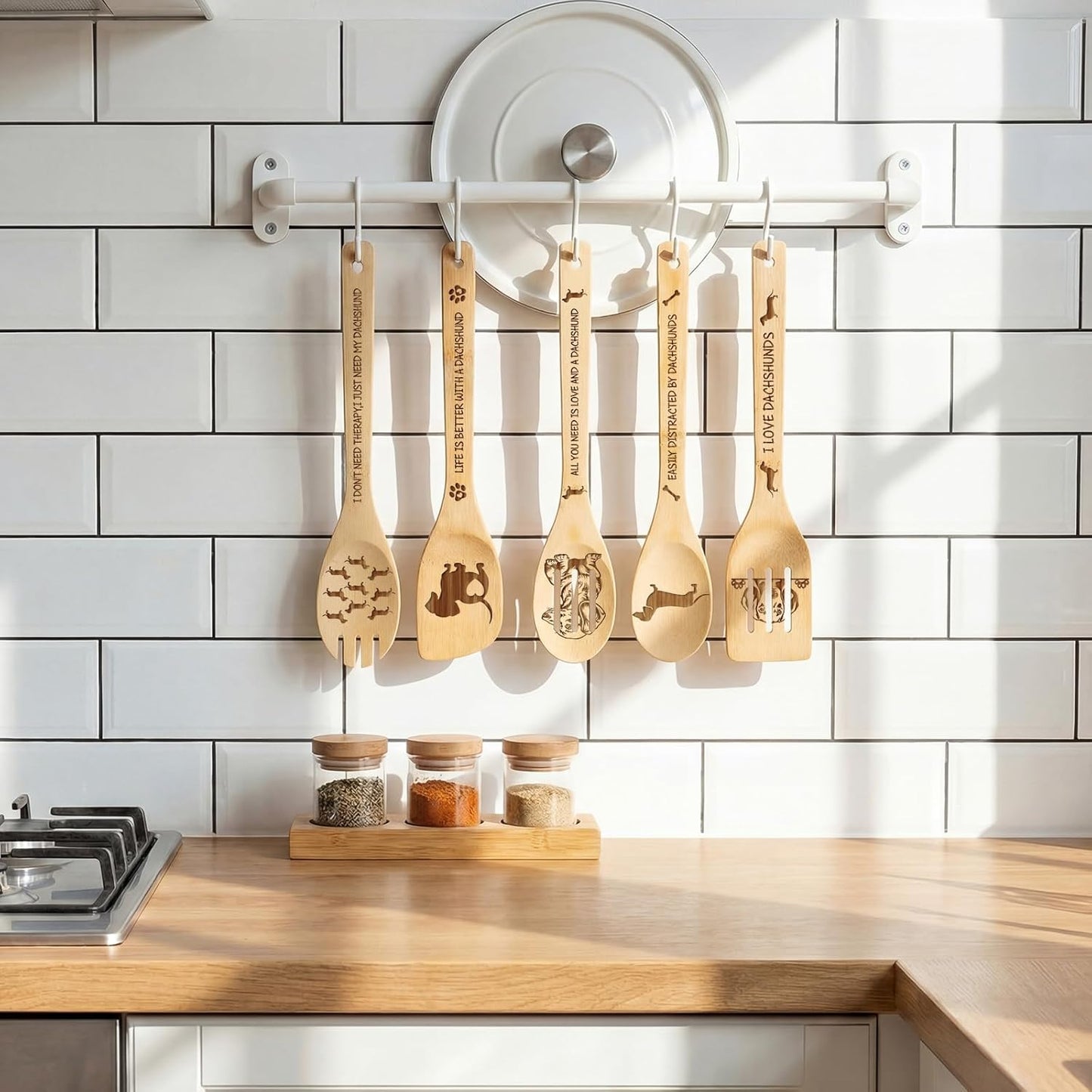 Utensilios de cocina decorativos de bambú para dachshund 5 piezas