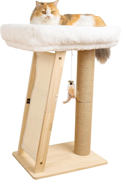 Posta rascador gato madera pino 27.5 con perchas y juguete colgante