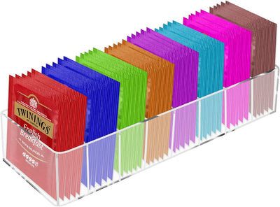 Caja almacenamiento té acrílico 8 ranuras para cajón cocina