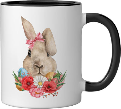 Taza Cerámica Pascua Conejo con Flores y Huevos Negro/Blanco