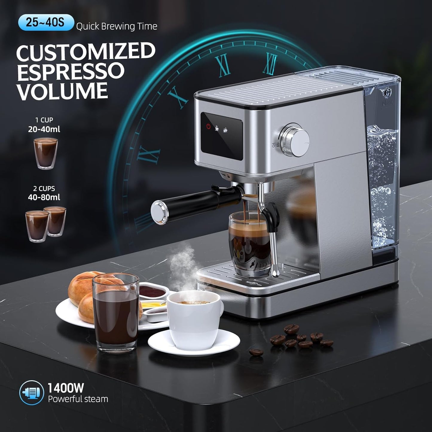 Máquina de café expreso de 20 barras con espumador de leche y pantalla táctil