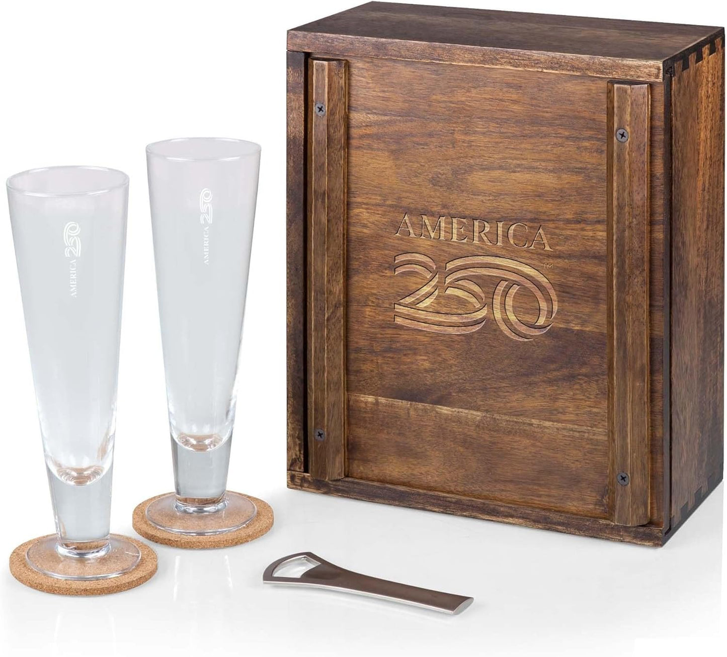 Juego 2 Vaso Pilsner Madera Acacia Caja Regalo Con Abridor