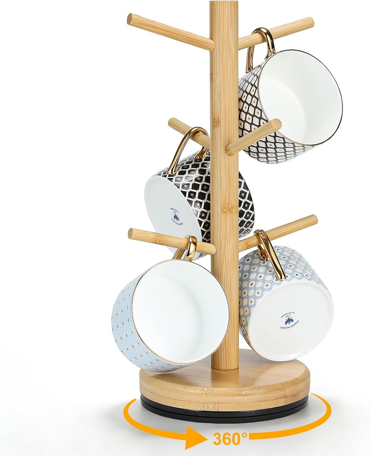 Soporte taza giratorio 360° 6 ganchos bambú antideslizante