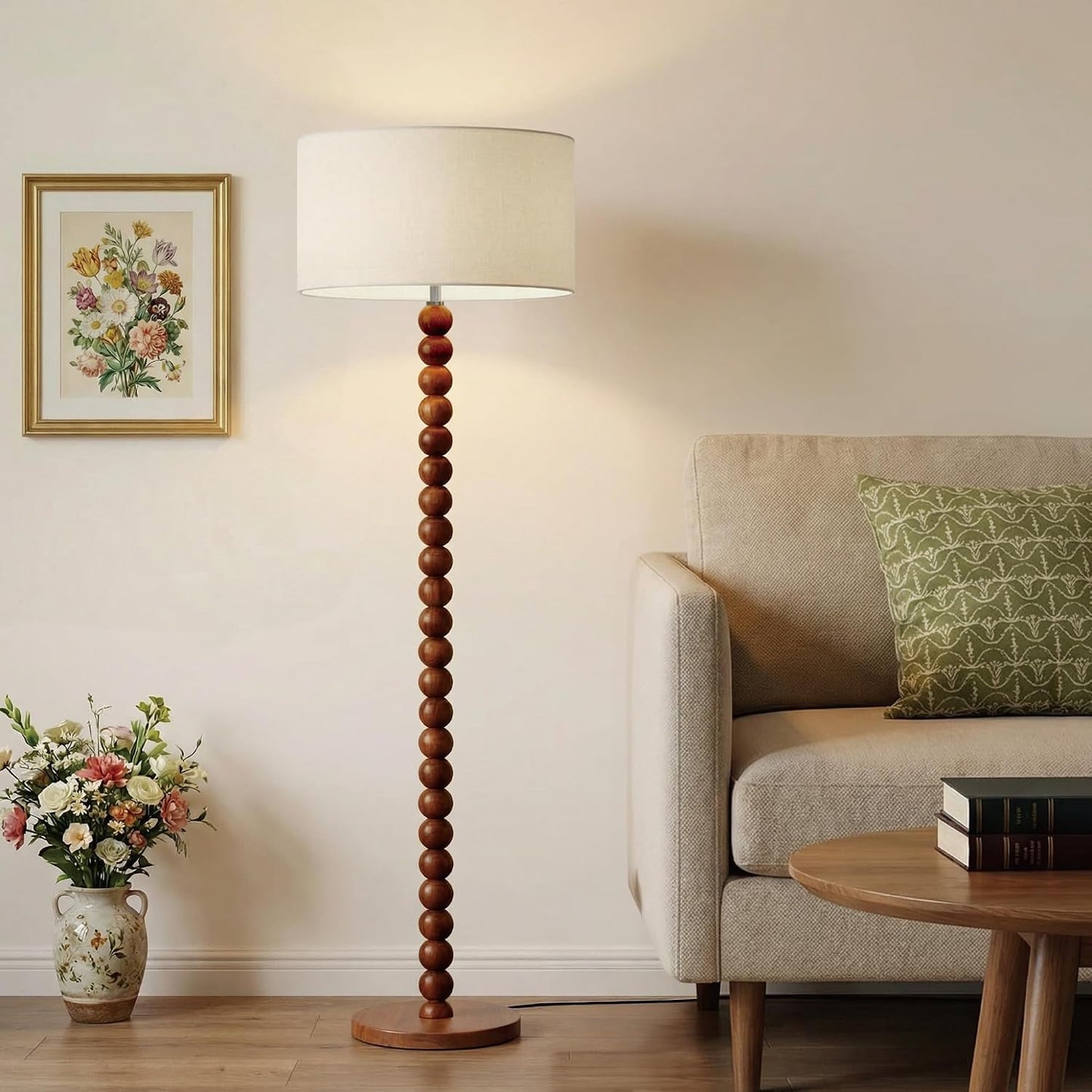 Lámpara pie madera cuentas 61pulg pantalla lino UL