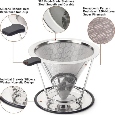 Gotero de acero inoxidable para café filtro reutilizable sin papel cafetera metal taza extraíble con cuchara y cepillo