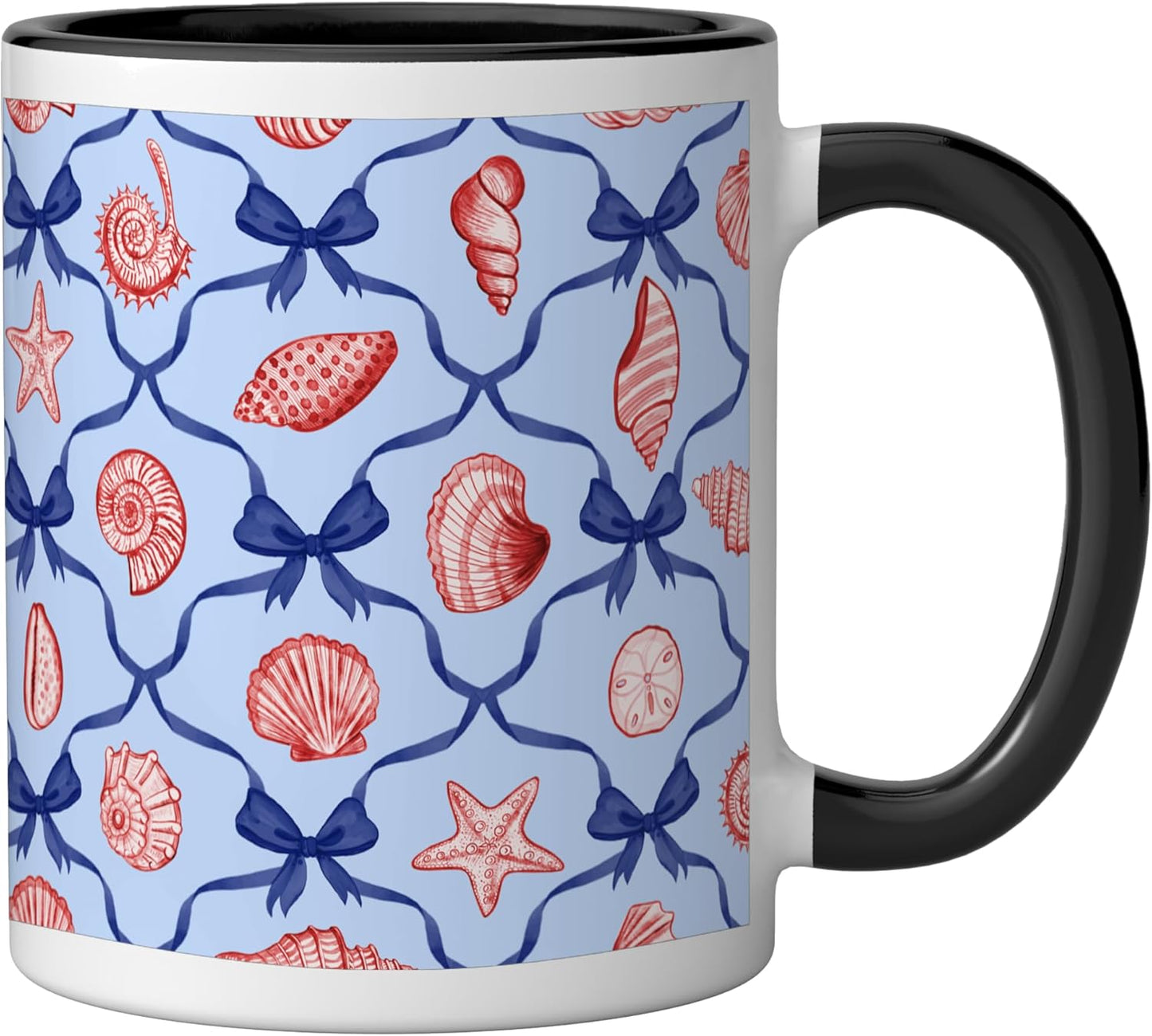 Taza cerámica Preppy Coastal con conchas, estrellas de mar y cintas rojas y azules
