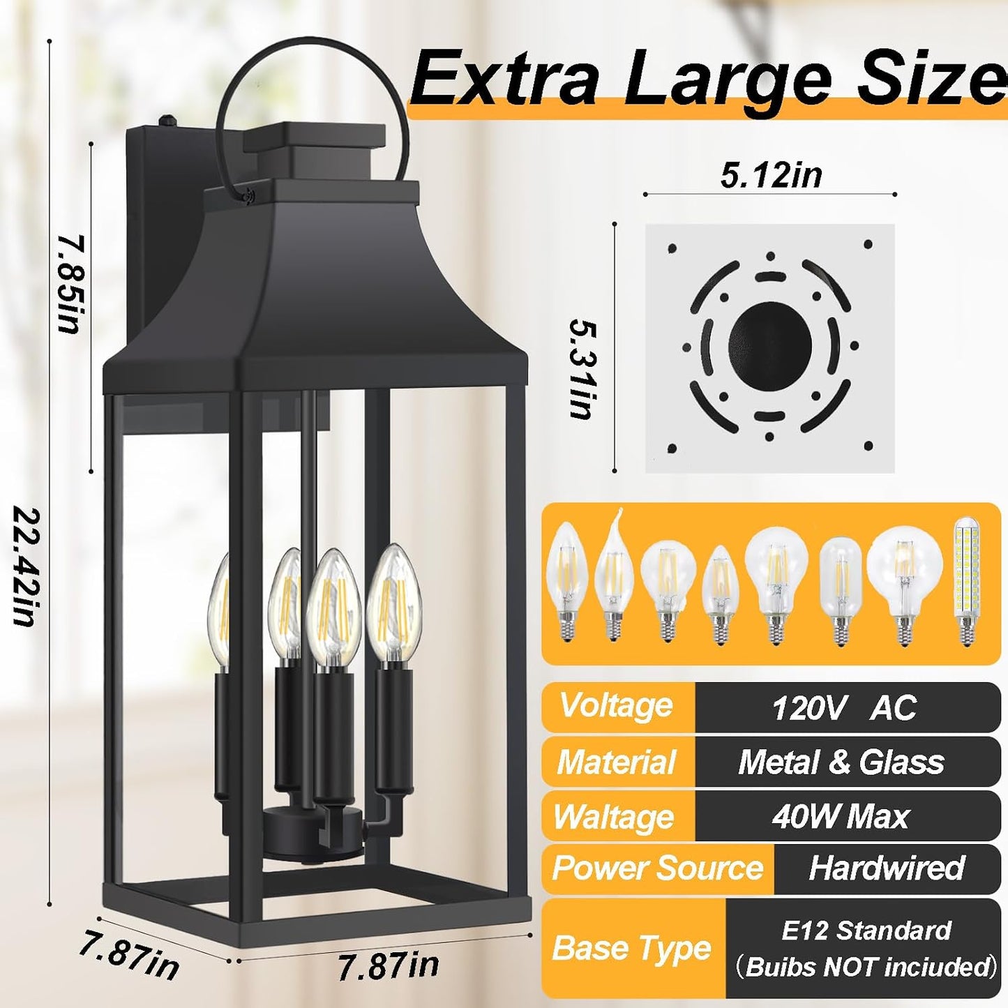 Lámpara pared exterior 22pulg 4 luces para puerta garaje