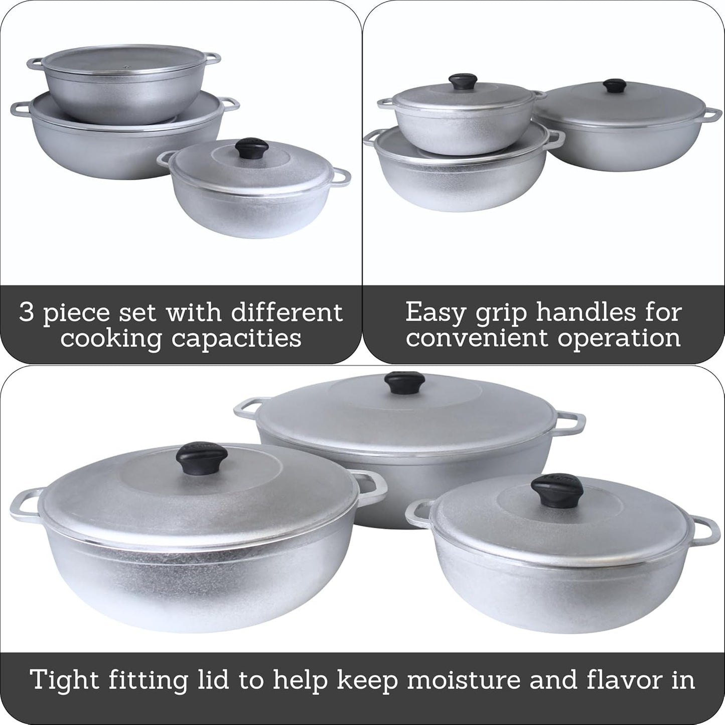 Juego 3 Ollas Aluminio Fundido 1.5/3.5/7qt Asas Remachadas Plateado