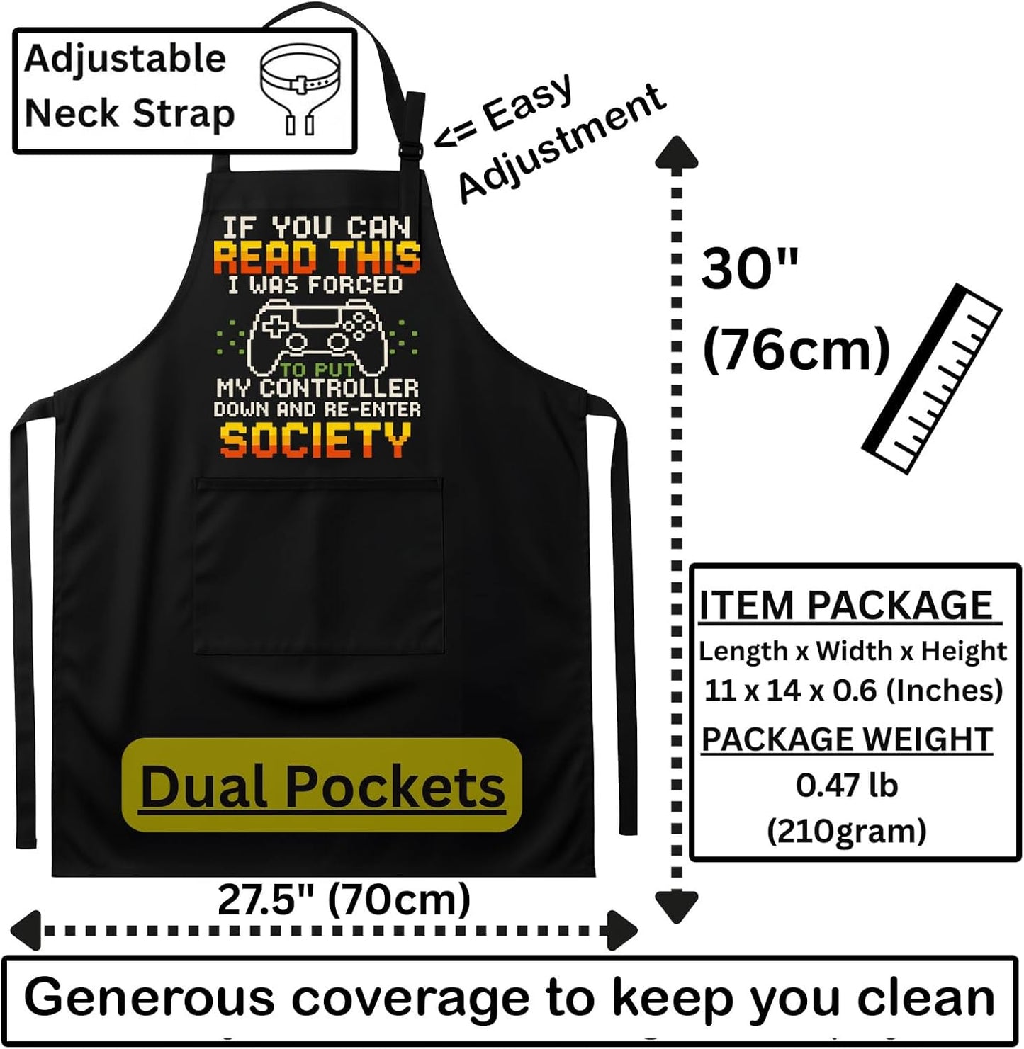 Aprón de juego unisex negro con dos bolsillos y cuello ajustable