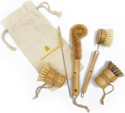 Set cepillos bambú natural con soporte para platos