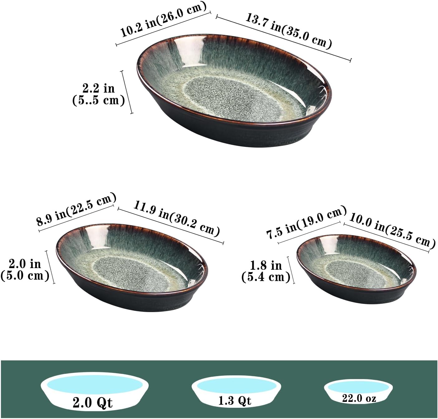 Set 3 Moldes Hornear Cerámica Ovalados Apto Microondas