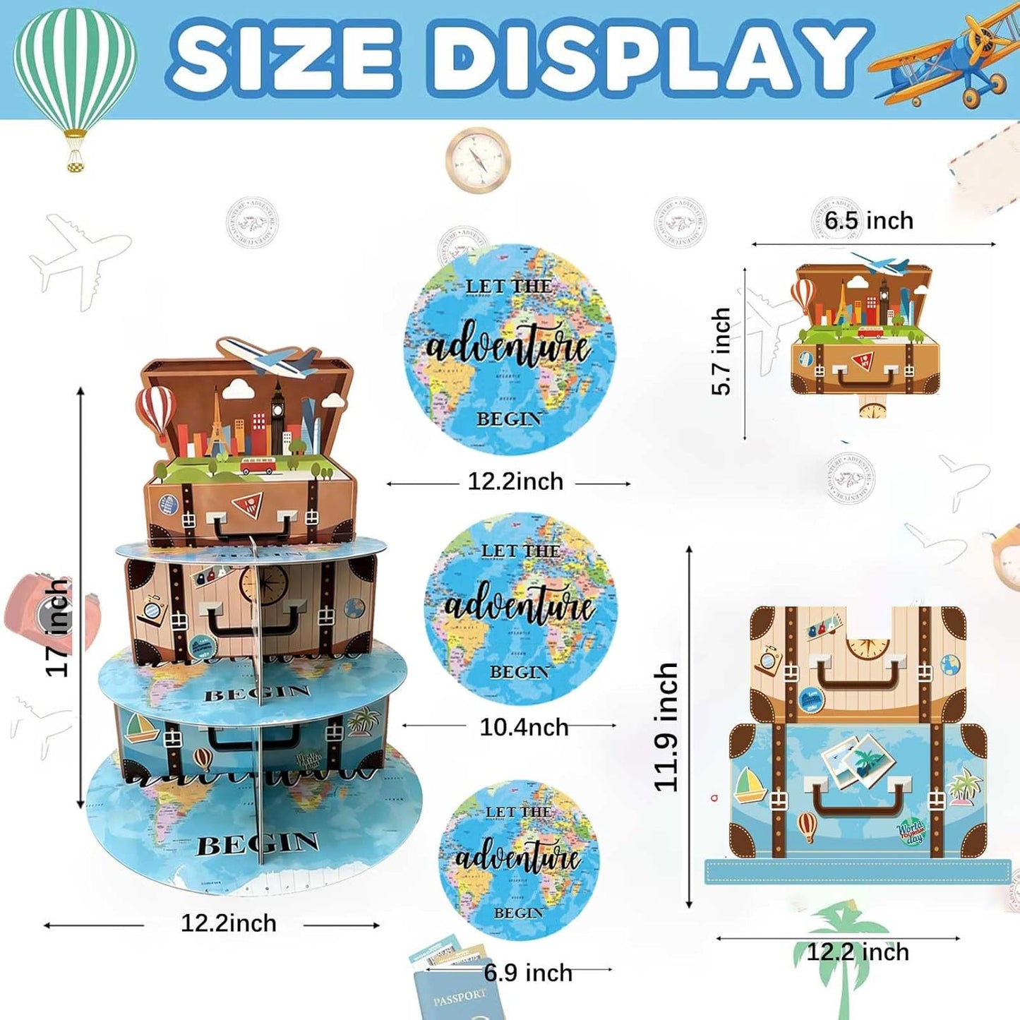 Soporte 3 niveles cupcakes temática viaje decoración fiesta