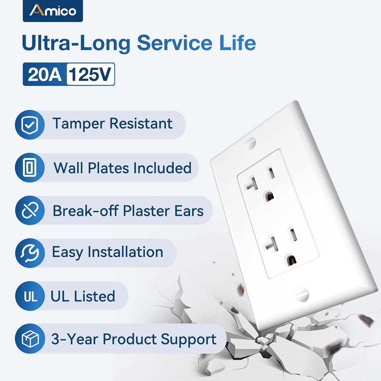 50 Tomacorrientes Pared 20A UL Polycarbonato 125V Blanco