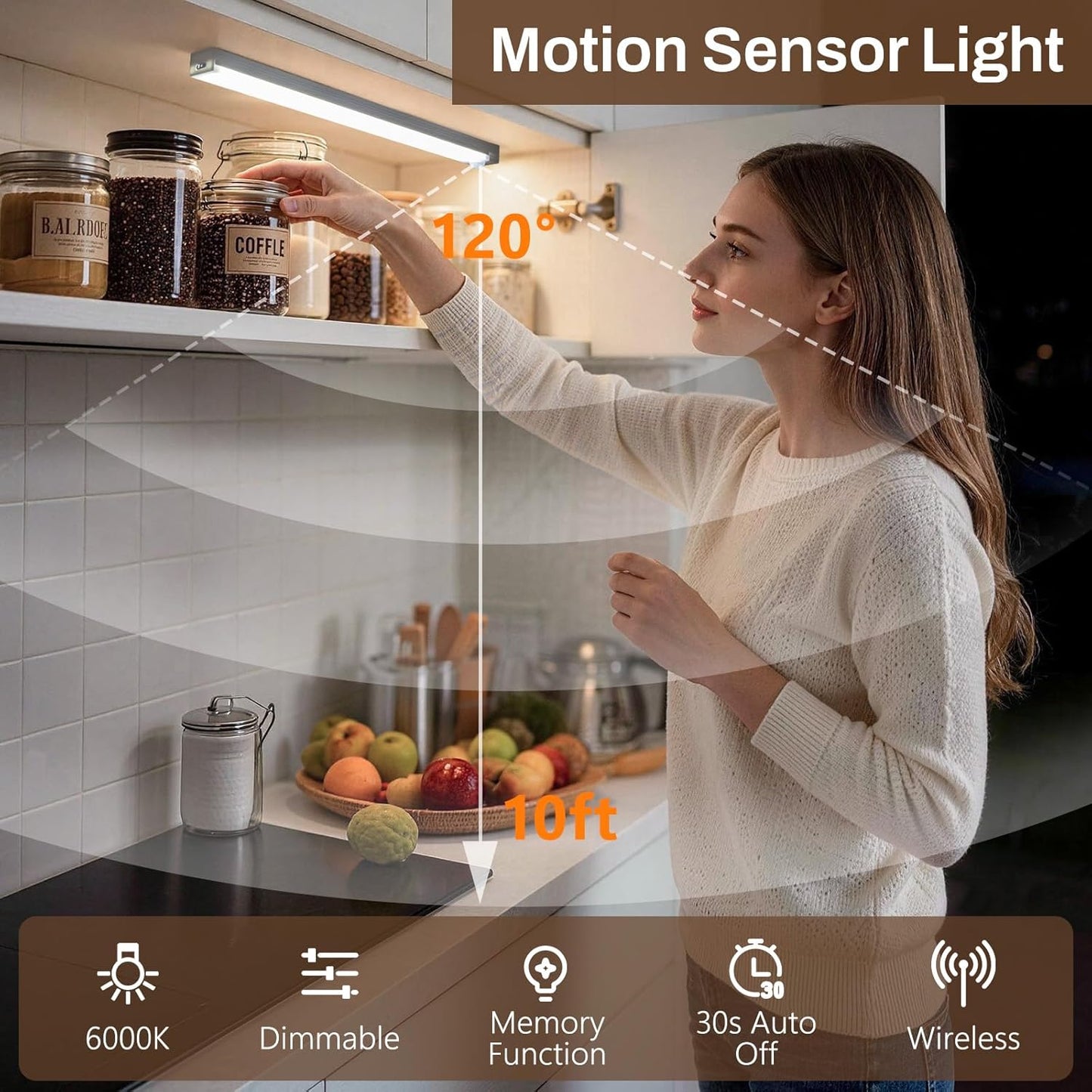 Luz recargable sensor movimiento LED 12pulg para gabinete 3 modos