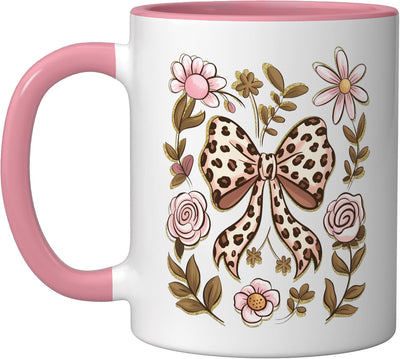 Lazo de impresión de leopardo y patrón floral en taza de cerámica rosa/blanco