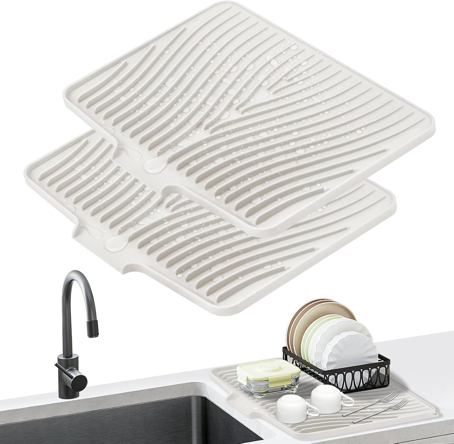 Tapete de secado de platos de silicona para encimera con drenaje integrado
