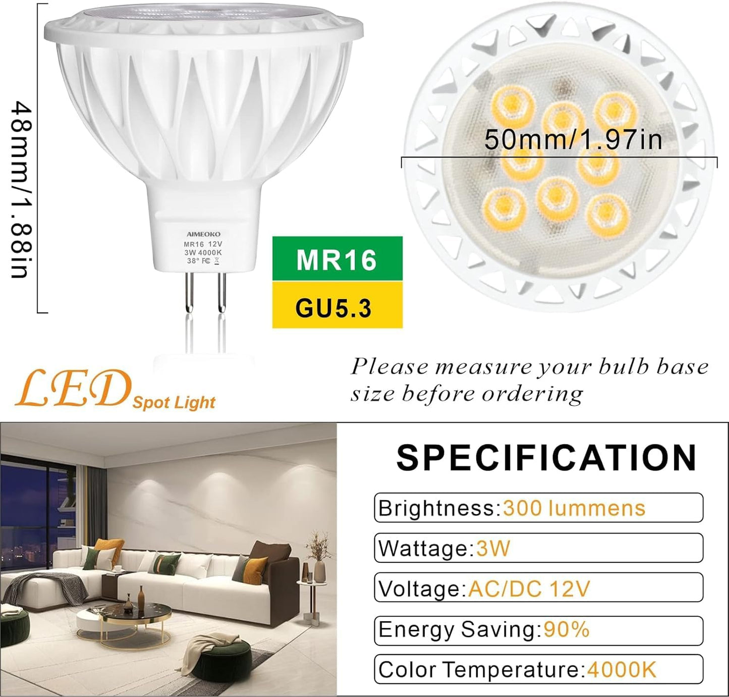 Bombilla LED MR16 3W 4000K Nueva