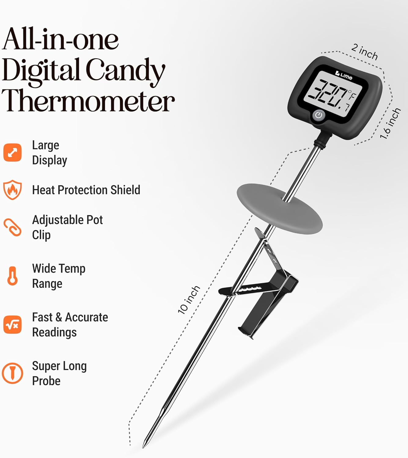 Termómetro digital para cocina con pinza de acero inoxidable 10"