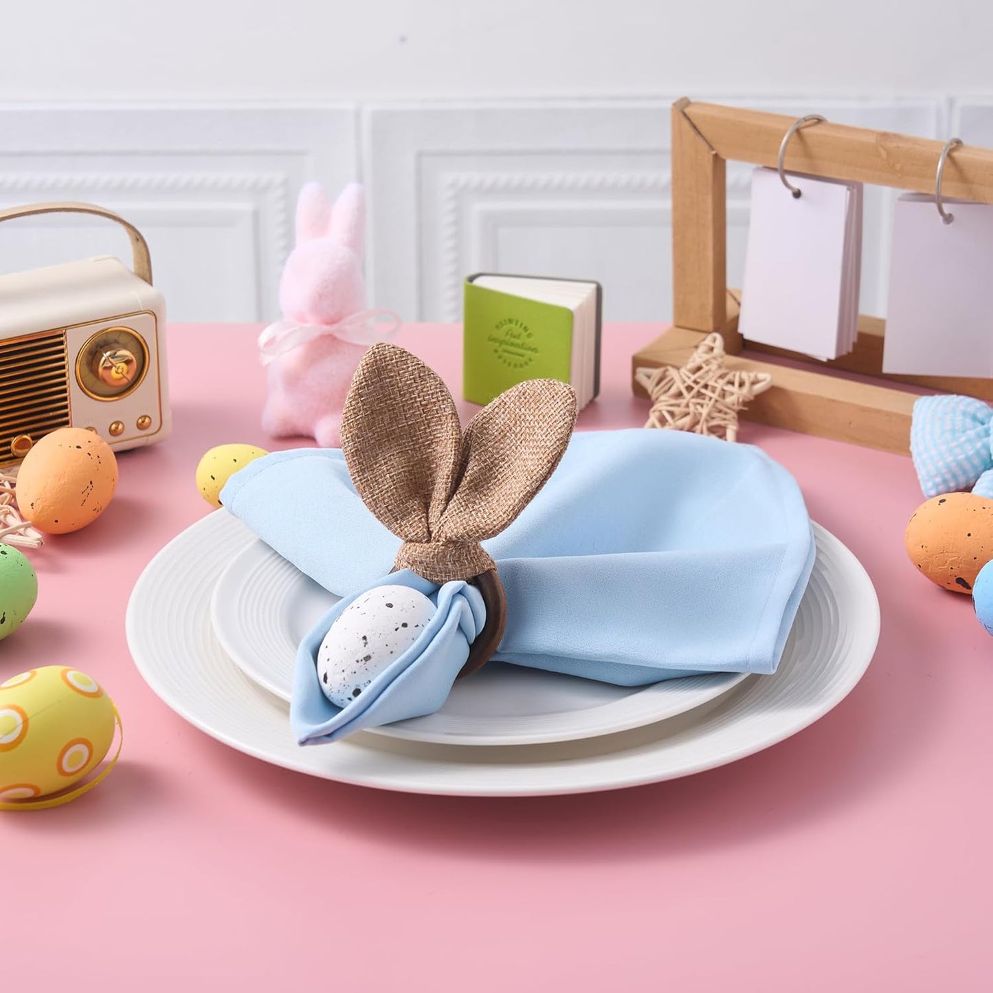 Juego de 6 servilleteros de madera con tela de algodón y diseño de conejo