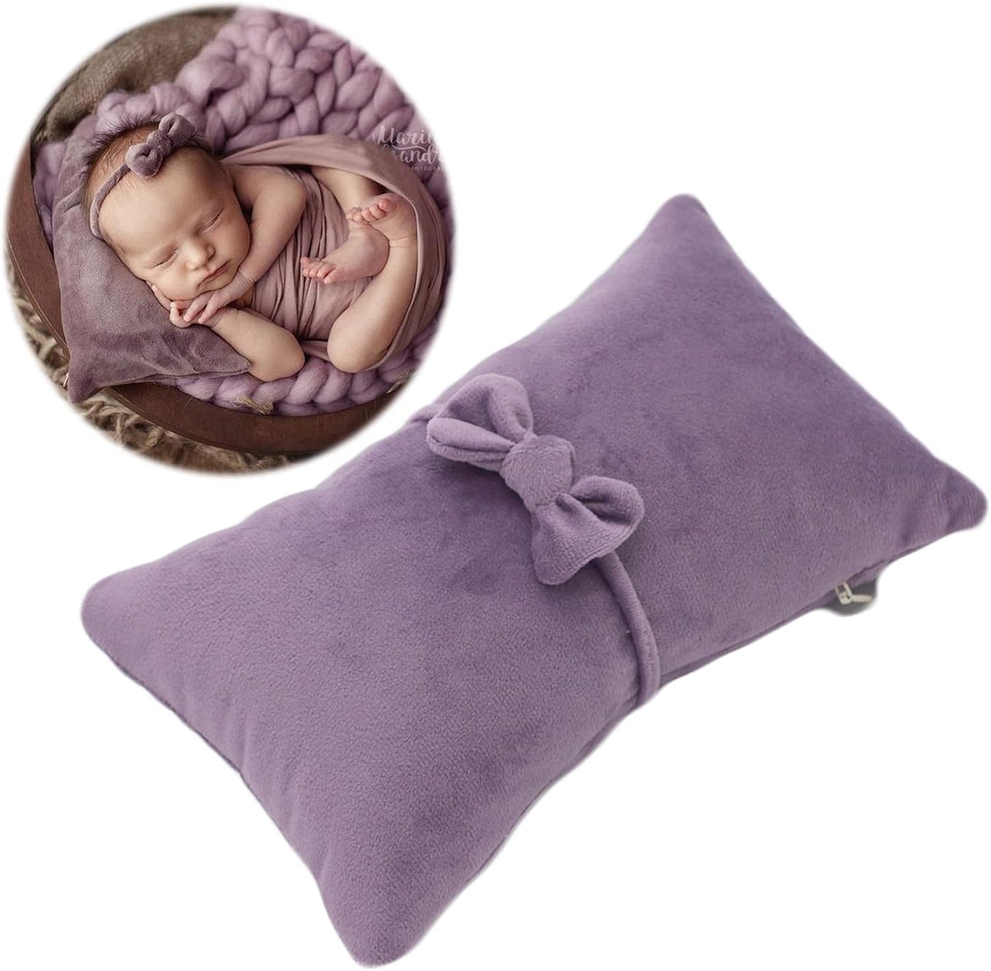 Almohada terciopelo posar bebé con diadema morado claro