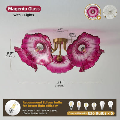 Lámpara techo 5 luces cristal flores rojo Art Deco