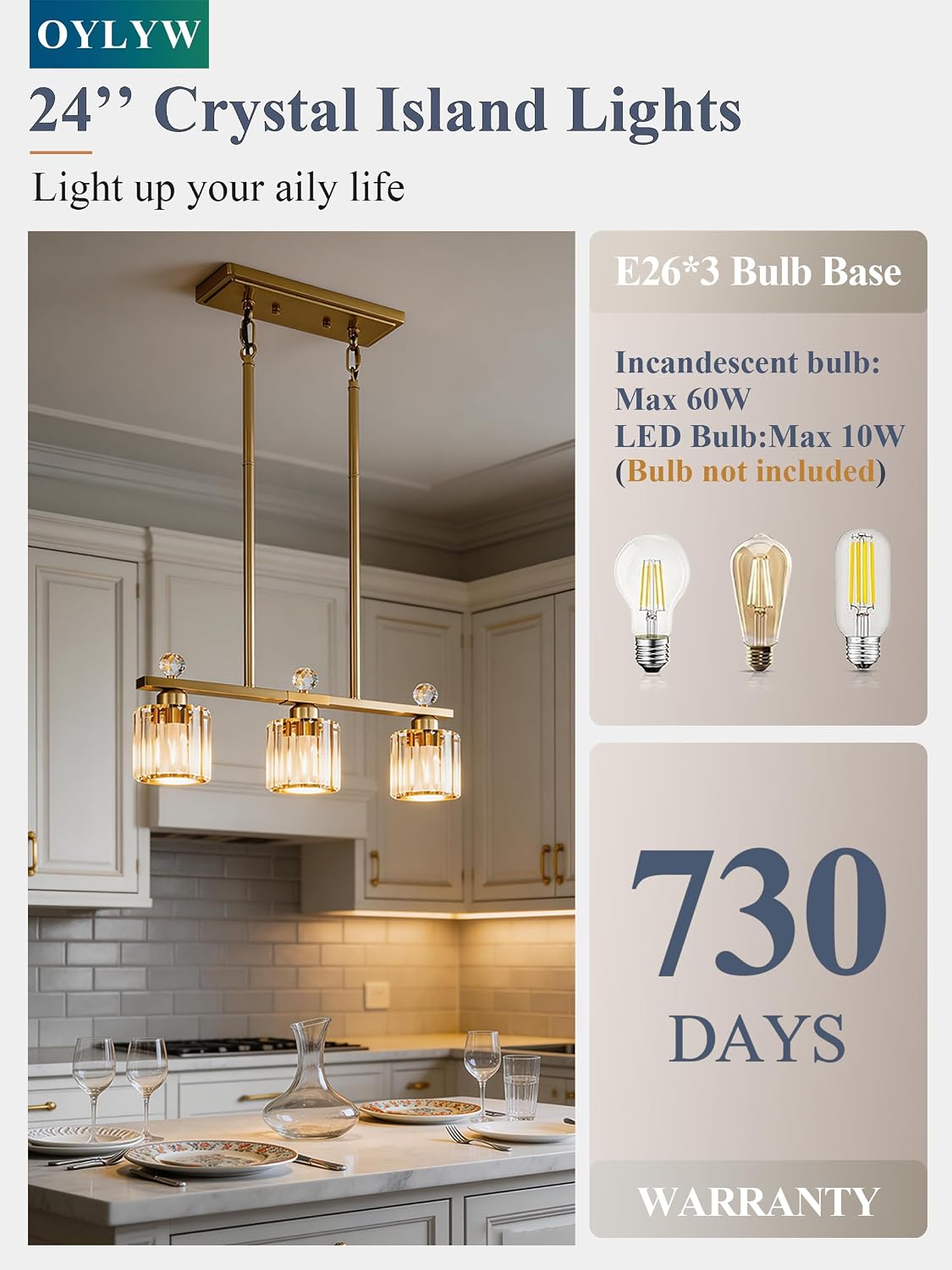 Lámpara colgante de cristal para cocina y comedor 3 luces
