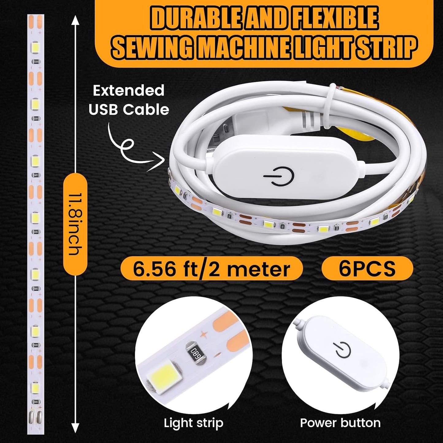 6 Tiras Luz Máquina Coser 11.8pulg 100LED Blanca USB