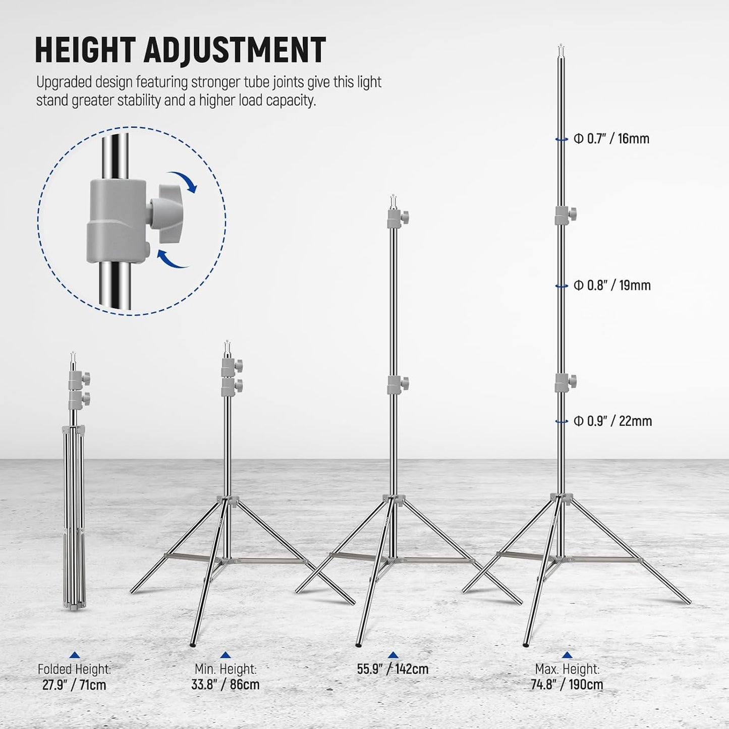 Soporte luz acero inox 190cm trípode plegable resistente