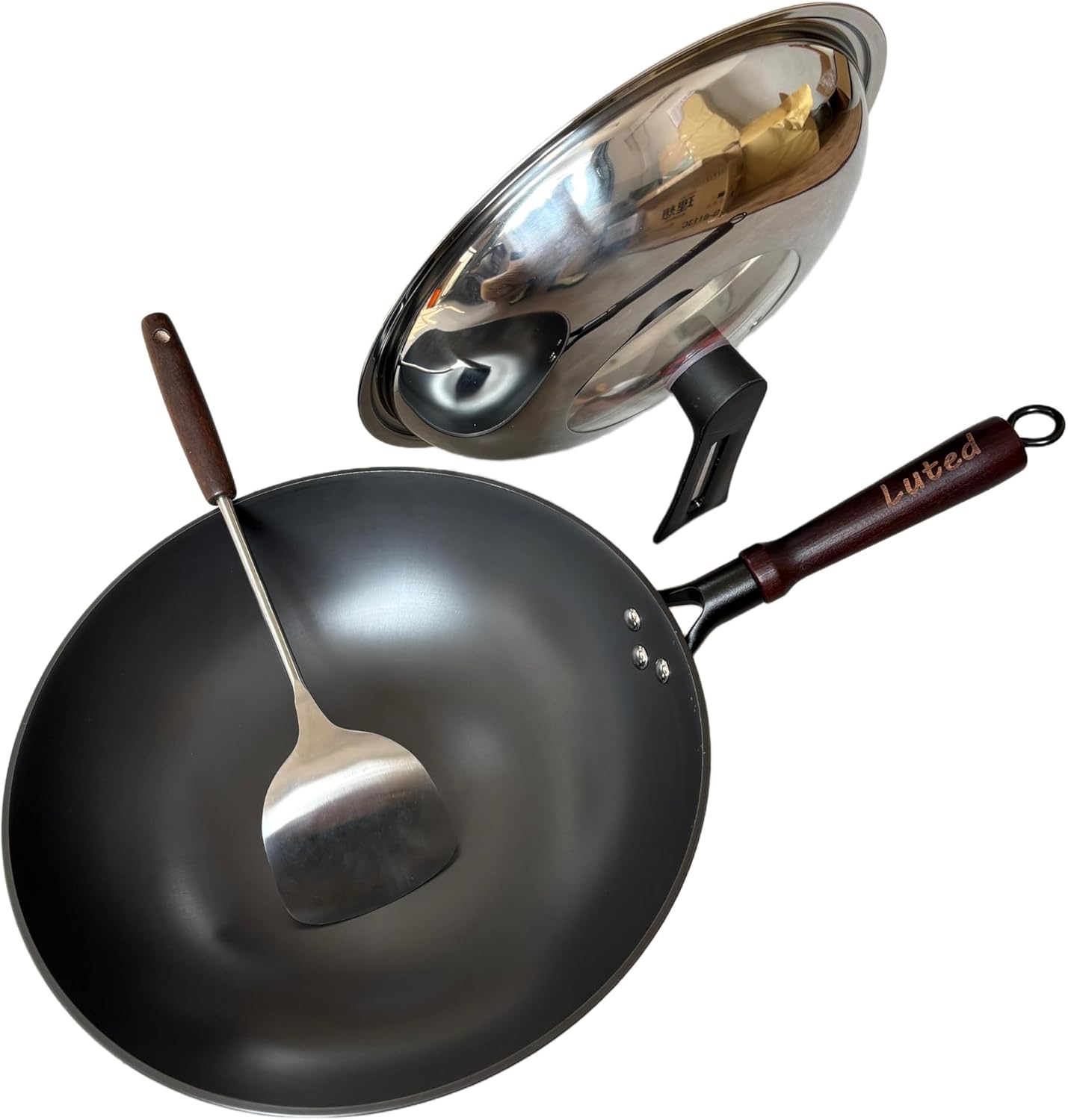 Woks chinos con tapa y espátula sartén profunda de hierro fundido 13 pulgadas
