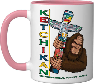 Taza cerámica Ketchikan Alaska Native Totem Pole Arte Folclórico Rosa/Blanca
