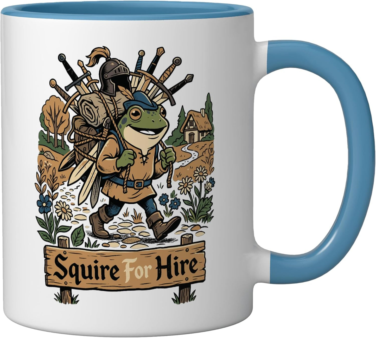 Taza cerámica para feria renacentista Squire For Hire azul/blanco